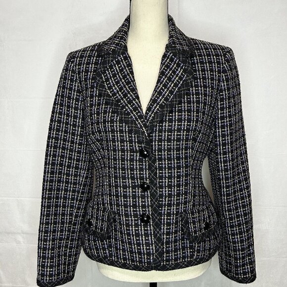 KASPER Tweed Blazer Petite Size 8P Black/Purple/Tan Career Jacket - Picture 1 of 9
